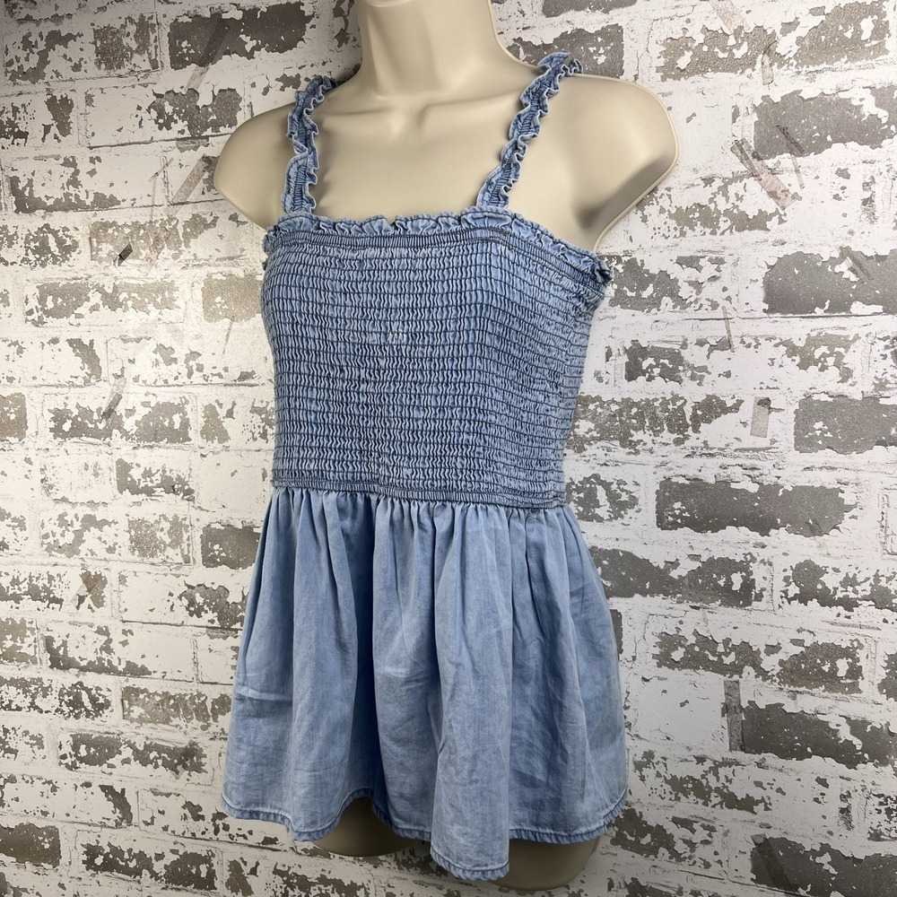 Cottagecore Smocked Chambray Peplum Babydoll Tank Sz M Coastal Granddaughter